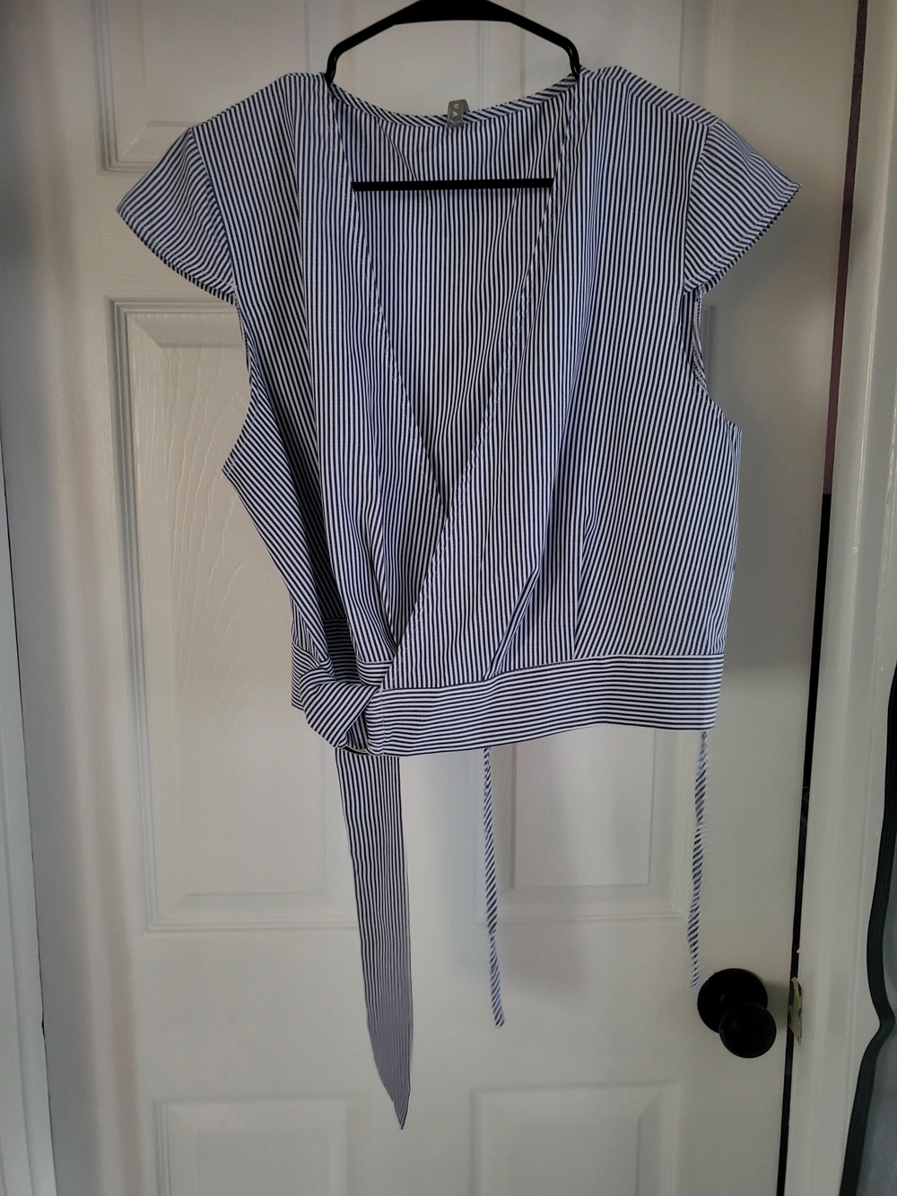 Women’s Blue and White Striped Wrap Blouse with Tie Waist